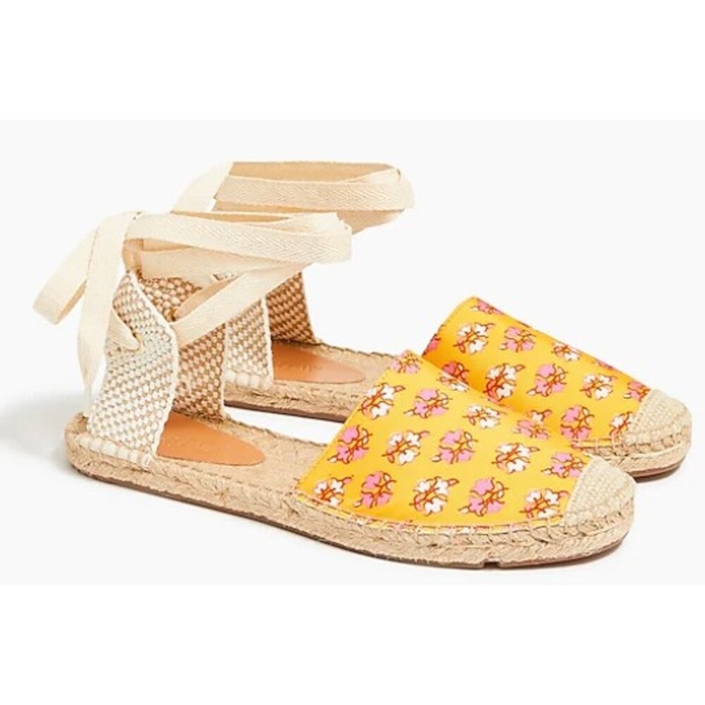 NEW J. Crew Lace-Up Espadrille Sandal Ankle Wrap Flat Orange Floral Size 8.5M